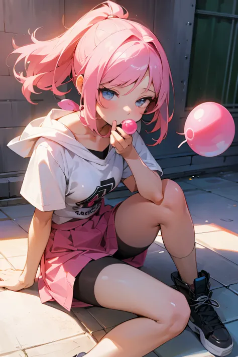 A beautiful girl sitting on the ground blowing bubble gum，helpless expression