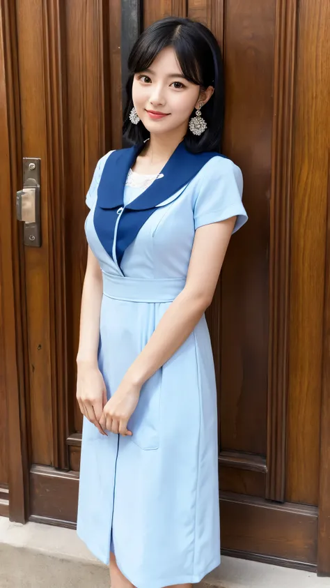 1 female, black hair, blue pupil, delicate face, cute, love earrings, white dress, standing at the door of the police station, playful, ultra hd, masterpiece, highest quality, Super detailed, Accurate