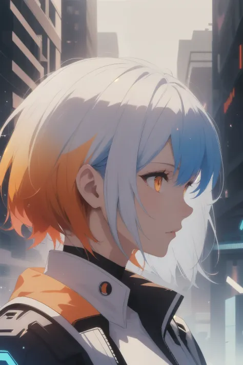 white hair, blue hair, orange hair, gradient hair, orange eyes, Profile picture, cyberpunk background, , hair flowing through, Volumetric lighting, light particles, Bright Eyes, dystopian, rich and colorful