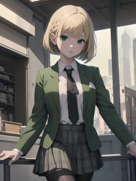 Top-High quality、Highest image quality、masterpiece、high contrast、Elegant、erotic expression、high school girl、blonde、Bob cut braids、uniform、(brown blazer)、ribbon tie、(Green and gray plaid skirt)、(black tights)、cinematic lighting、fine shading、cute、Truly unbel...