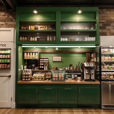 A coffee shop with a matte light green bar, with an integrated display case where the sweets from the pastry shop are displayed, in front on the side a refrigerator for cold desserts. 