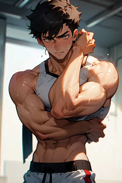 shirtless, super muscular, sweat-drenched body, 22-year old short black hair handsome caucasian male wearing white gym shorts, hands on the head showing underarms, sweating in the gym