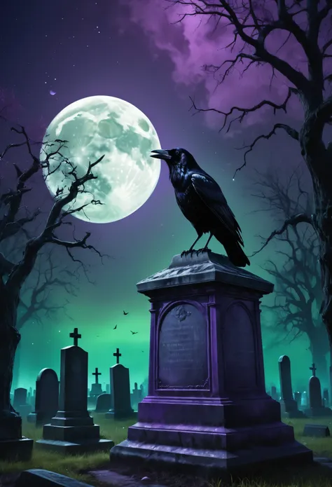 (best quality,8k,highres,masterpiece:1.2),(ultra-detailed,realistic:1.37),nighttime,in a cemetery,a crow perched on a tombstone surrounded by withered trees,the sky is purple with a eerie green glow emanating from the moon above,Close-up