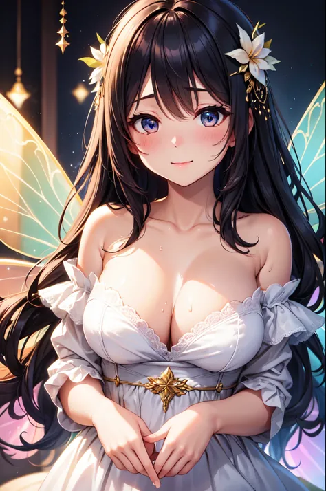 (High quality, High resolution, Fine details), (fairy:1.2), (delicate wings:1.2), enchanted forest, floating in the air, twinkling lights, magical dust, shimmering dress, soft colors, soft and warm lighting, enchanting, mystical, pure magic, bokeh, solo, c...