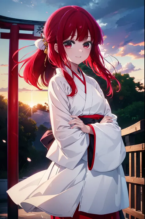 canary, Arima etc., long hair, bangs, (red eyes:1.3), redhead, smile,
happy smile, smile, open your mouth,Platycodon grandiflorum,Miko, white kimono, red hakama,White tabi kimono, same as skirt, wide sleeve, long sleeve, very long hair, 鈍いbangs, low ponyta...