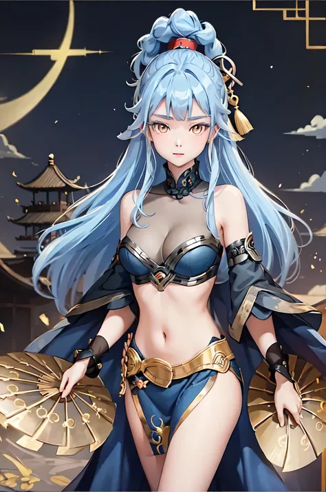 ((big breasts)), 1girl, solo, long hair, looking at viewer, hair ornament, dress, holding, bare shoulders, closed mouth, blue hair, yellow eyes, braid, artist name, covered navel, blue dress, chinese clothes, china dress, hand fan, folding fan, light blue ...