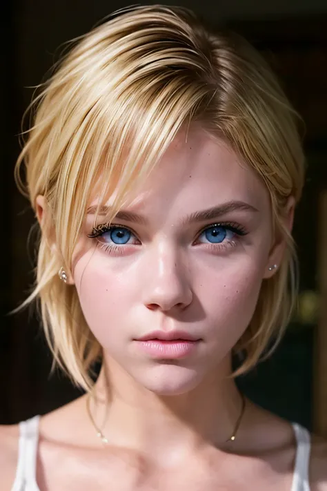 ((alexiathompson01r face)). beautiful. perfect, blonde hair, short hair, straight hair, blue eyes. closed look. vibrant blue eye...