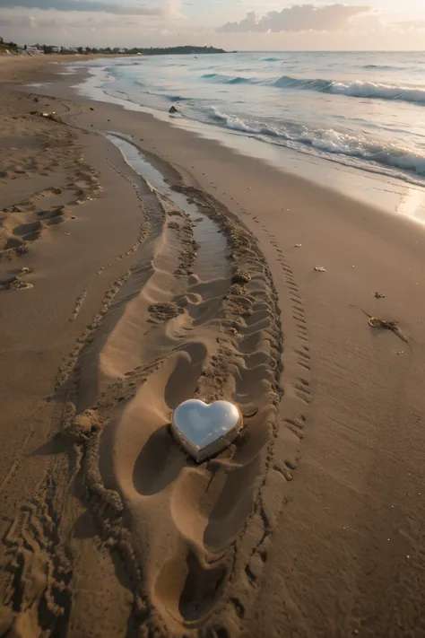 beach with turquoise waters, white sands, sunrise, a heart marked in the sand