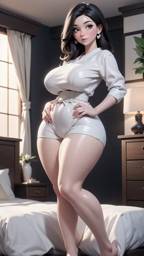 (1 realistic lady), (From the bottom up), staring at viewer, masterpiece, vibrant colors,  bedroom setting, ((slim waist)), big hips, wide hips, large butt, young, legs are open，Sit，focuses on the lower body，bare-feet，(((Very MILF fat leg shape)))，(giganti...