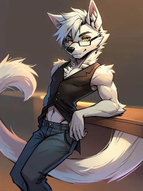 Male, arctic wolf, detailed yellow eyes, long tail, bartender, loose baggy jeans, slim, sly, simple background, glasses