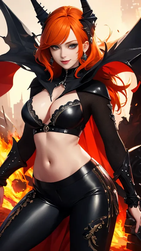 (Highly quality, masterpiece, detailed), fire city detailed scenario, fire city detailed background, solo, orange hair, madelynepri, 1woman, black cape, black crop top, leather pants, sleeves, navel, perfect face, evil smile, beautiful eyes, look at the vi...