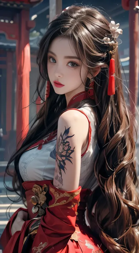 Photorealistic, High resolution, 1 woman, hips up high, Beautiful eyes, Long hair, Ringed Eyes, Jewelry, The tattoo, Hanfu, chinese fairy, Taoist uniform, ((face to viewer)).