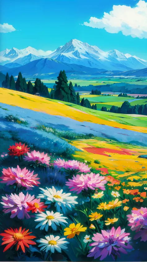 a painting of a field of flowers with mountains in the background, colorful landscape painting, vibrant gouache painting scenery, meadow background, meadow with flowers, background of flowery hill, field of fantasy flowers, flower meadow, hiroo isono, fiel...