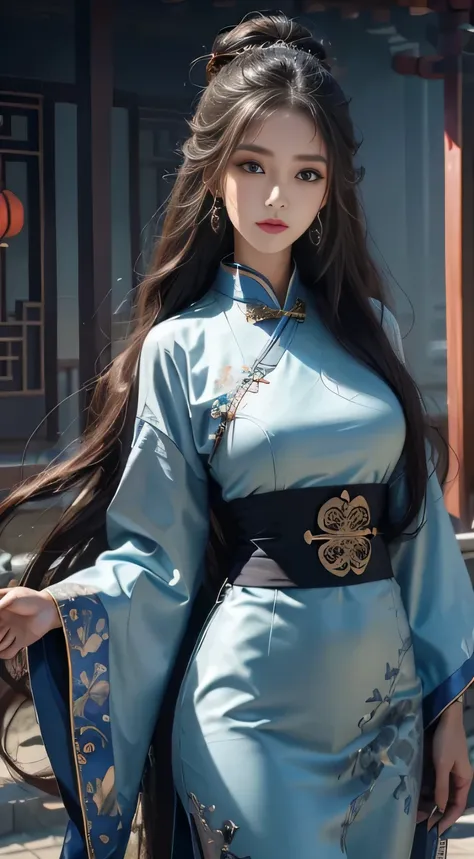 Photorealistic, High resolution, 1 woman, hips up high, Beautiful eyes, Long hair, Ringed Eyes, Jewelry, The tattoo, Hanfu, chinese fairy, Taoist uniform, ((face to viewer)), ((3/4body)).