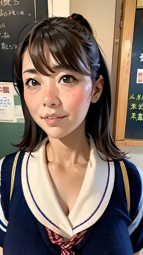 around 30 years old, big breasts　　Close-up of a woman posing in front of a blackboard　 angry face, jk uniform, seifuku, girl wearing uniform, japanese model, uniform, the blouse you&#39;re wearing, japanese ,