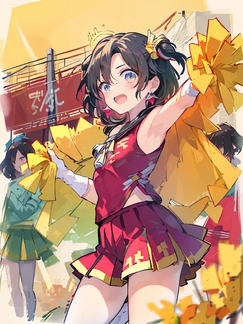 cheerleaderの全身図、red and yellow pastel colors、watercolor painting、cute girl、cheerleader、cheer leading、A girl is cheering alone、