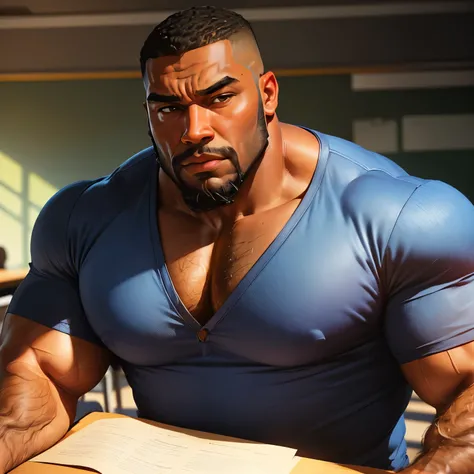 an exaggeratedly muscular and large bodyguard, beefy build, beard, dark-skinned african american male, buzzcut hair with square line, (worried expression: 1.2), (wearing blue henley shirt: 1.2), barely buttoned, (bara pecs: 1.3), (arm and chest hair: 1.1),...