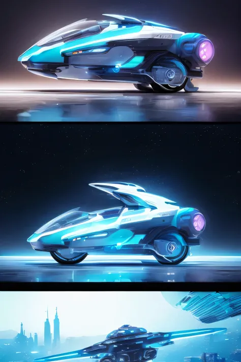 ((Futuristic Bike):1.5), Star Wars-style science fiction, sidecar, flying sidecar, background space city, ((futuristic city):1.2), metallic