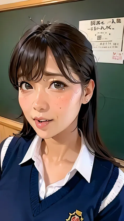 around 30 years old, big breasts　　Close-up of a woman posing in front of a blackboard　 (orgasm face:1.5), jk uniform, seifuku, girl wearing uniform, japanese model, uniform, the blouse you&#39;re wearing, japanese ,(looking at viewer:1.5)