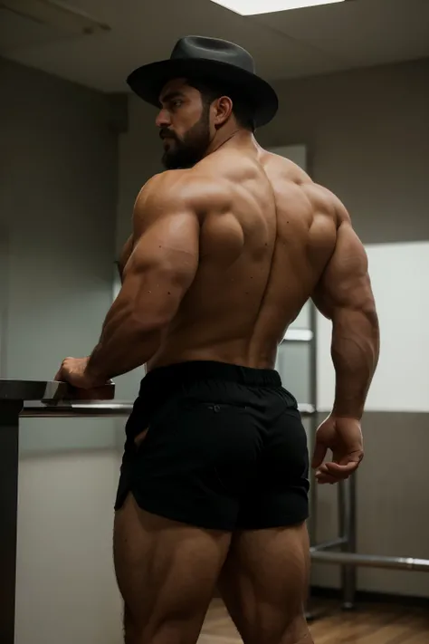 hulk photography, light cinematic heavyweight bodybuilder, 75 kg of complete muscle,  Bigote grueso y trozo chino barbudo, hombres muy guapo. perfect body proportion,, hypermuscular nalgon, realista,  cowboy with hat, black shorts, backside, trasero inclin...