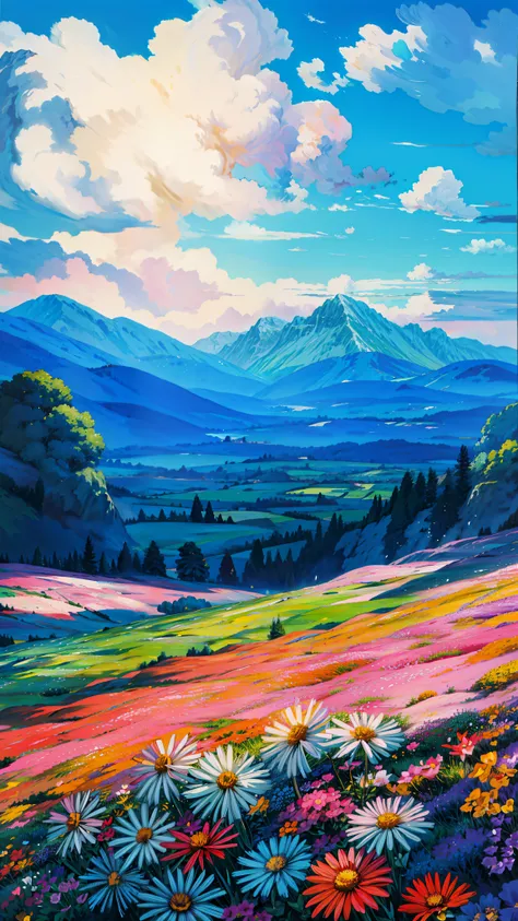 a painting of a field of flowers with mountains in the background, colorful landscape painting, vibrant gouache painting scenery, meadow background, meadow with flowers, background of flowery hill, field of fantasy flowers, flower meadow, hiroo isono, fiel...