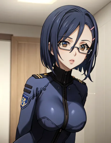 NiimiKaoru,blue hair,short hair,brown eyes,hairclip,lips,semi-rimless eyewear,NiimiBodysuit,blue bodysuit,belt,(large breasts:1.5),(shiny,hair),((solo)),((masterpiece)),((best quality)),perfect anatomy,slim waist,perfect image,8k UHD,(beautiful detailed ey...