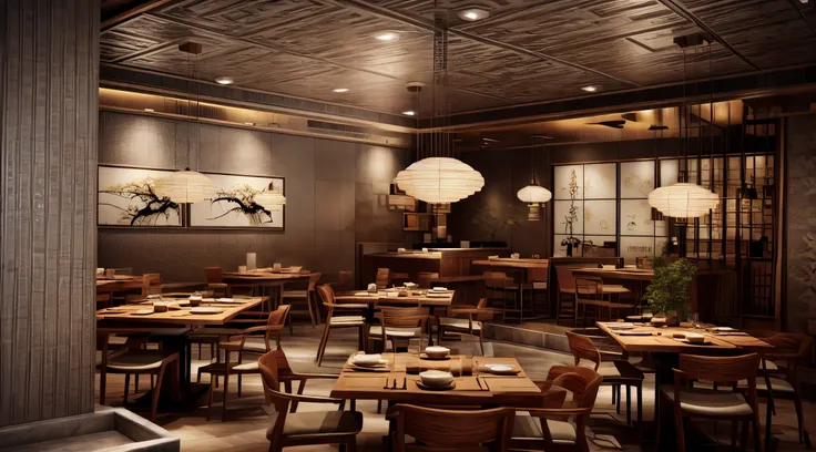 taiwanese style restaurant, modern, luxurious, high quality image, gray floor tiles, artistically decorated ceiling