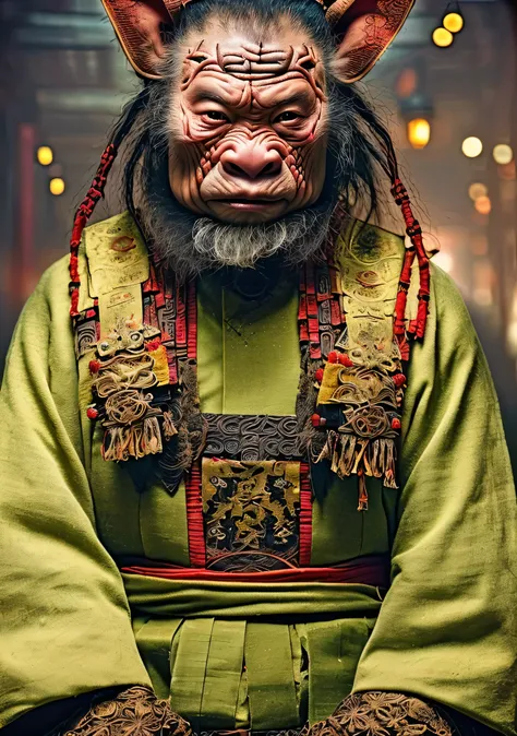 Close-up cleavage：Pig Man mixed blood warrior photo，8K，Legend of Zhu Bajie，There are scars on the face，((Japanese kimono，Expressions of anger)),Chop on the hand，top quality, light, threatening gesture, fierce look, epic atmosphere,, (((full-body shot))), c...