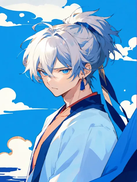 Anime boy with white hair and blue eyes standing in front of the blue sky, White hair deity, 2D anime style, White hair, Tall anime character with blue eyes, Male anime characters, young anime man, anime style 4k, anime boy, Male anime style, Handsome guy ...