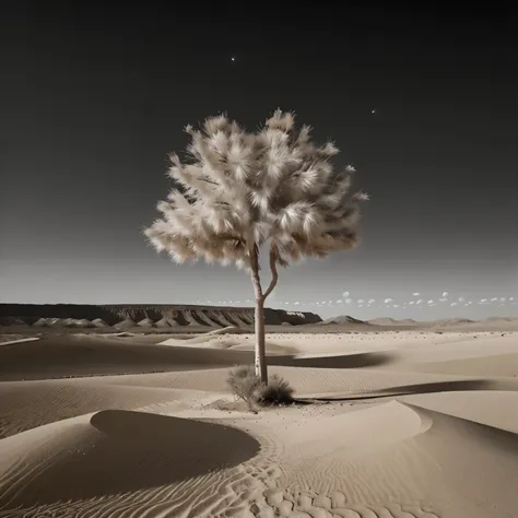 White leafed tree in a desert with pure sand and dark sky