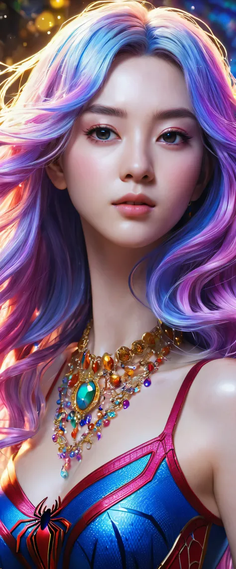 Her colorful hair flows down in waves、A close-up of an anime girl adorned with a necklace of vibrant and intricate design、It evokes the soft vitality that is characteristic of Ross Drose&#39;s work.。This scene is、The cosmic, colorful background creates a s...