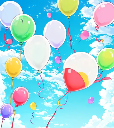 (((Super masterpiece, super highest quality, 16K, very delicate and beautiful)))), Pure white background, many (more than 100) small balloons flying, red, blue, light blue, yellow, green, (Balloons of various colors, colorful, various sizes, balloons filli...