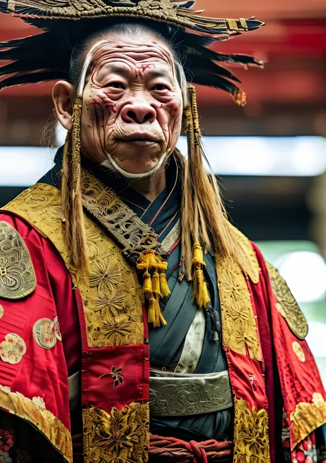 Close-up cleavage：Pig Man mixed blood warrior photo，8K，Legend of Zhu Bajie，There are scars on the face，((Japanese kimono)),Expressions of anger,Chop on the hand，top quality, light, threatening gesture, fierce look, epic atmosphere,, (((full-body shot))), (...