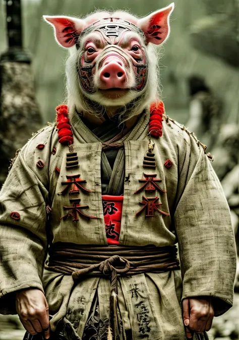 Close-up cleavage：Pig Man mixed blood warrior photo，8K，Legend of Zhu Bajie，There are scars on the face，((Japanese Ninja:1.5)),Expressions of anger,Chop on the hand，top quality, light, threatening gesture, fierce look, epic atmosphere,, (((full-body shot)))...