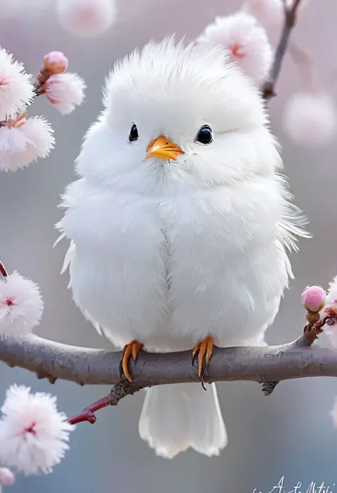 A small white bird is perched on a tree branch, a pastel by Ai-Mitsu, tumbler, arabesque, fluffy face, fluffy!!!, cold white eyes, fluffy body, feathery fluff, fluffy, fluffy, fluffy full of light, fluffy chest, cute little creature, fluffy!!!, birb, cute ...