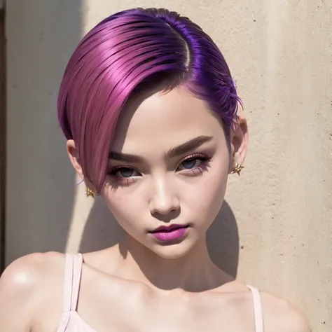 (masterpiece, best quality:1.2), Very short hair, alone，Purple pink，Rouge light makeup