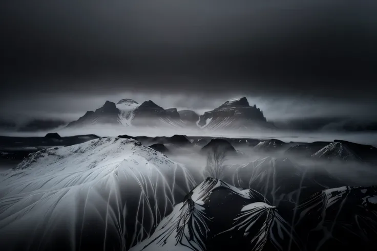 Snow on the ground、there is a picture of a Mountain range in the fog, sci-fi of an icelandic landscape, gloomy landscape, an icelandic landscape, an icelandic landscape, an an icelandic landscape, 背景中的冰岛Mountain丘, beautiful dark landscape, Mountain, dark l...