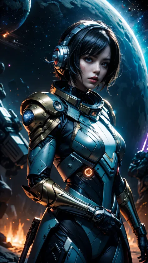 1 alien warrior woman, upper body, single focus, enigmatic beauty, Galactic Federation battle armor, ion blaster, (deep space battlefield backdrop: 1.4), (intergalactic battle cries: 1.3), enigmatic features, stellar aura, [depth of field, ambient lighting...