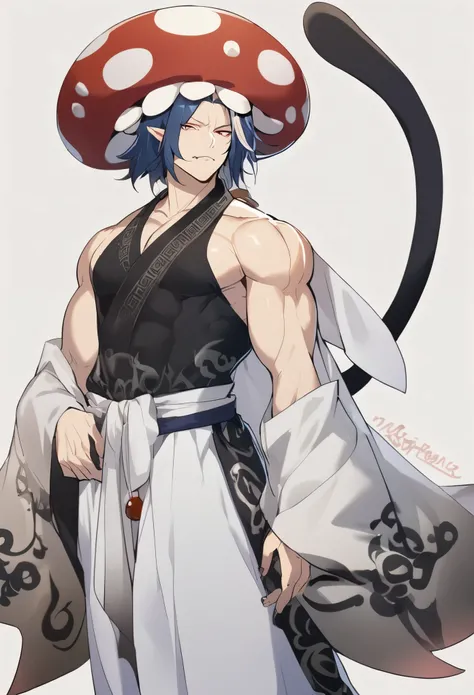 1 man, Male, taoist, demon, muscular, mushroom hat, cat ears, cat tail,