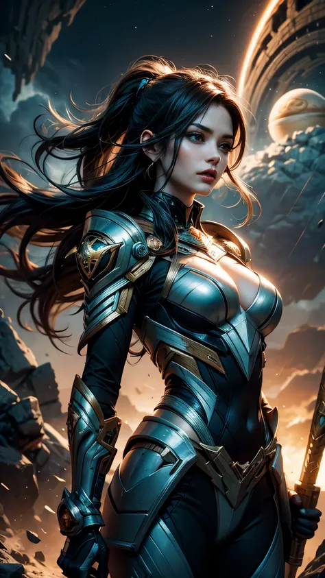 1 alien warrior woman, upper body, single focus, enigmatic beauty, Jupiterian stormguard exosuit, thunder hammer, (tempestuous Jupiter atmosphere backdrop: 1.4), (Jupiterian war chants: 1.3), enigmatic features, tempest aura, [depth of field, ambient light...