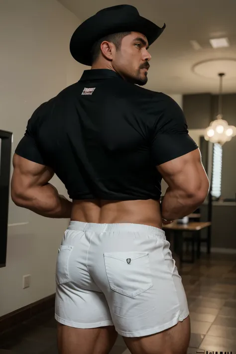 hulk photography, light cinematic heavyweight bodybuilder, 75 kg of complete muscle,  Bigote grueso y trozo chino barbudo, hombres muy guapo. perfect body proportion,, hypermuscular nalgon, realista,  cowboy with hat, black shirt, white shorts, backside, t...