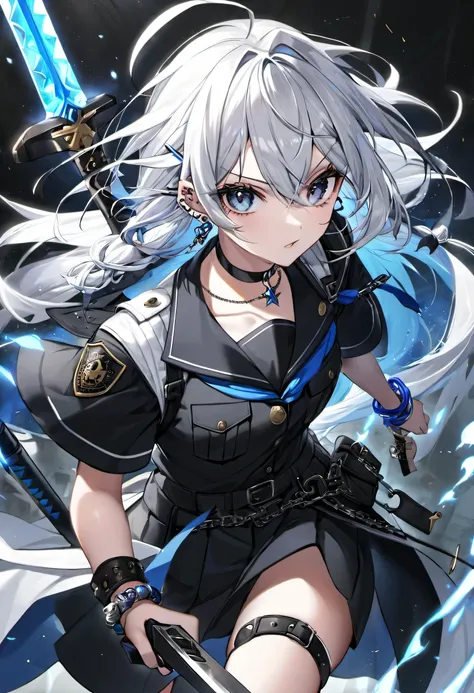 an androgynous person with white MULLET hair her eyes are blue-ish grey, have a lot of titanium piercings and bracelets, wears chain choker, wears a black military uniform, her weapons are knives, spears, and swords. she also wears brass knuckles.