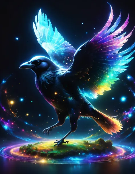 Image of a digital space:network:Science:Holography,Flying crow:overlooking,masterpiece,最高masterpiece,highest quality,rendering,rich colors,colorfulな呪文を唱える,dream-like,Detailed details,In detail,,bright colors,beautiful光と影,magic,dream-like,Inspiration,beaut...