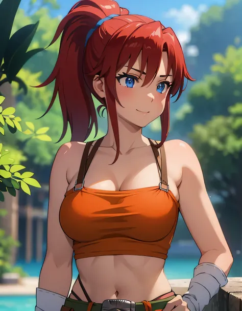 bellows sng,smile,red hair,ponytail,blue eyes,orange tank top,cleavage,green shorts,brown belt,navel,garter straps,outdoors,(large breasts:1.5),(shiny,hair),((solo)),((masterpiece)),((best quality)),perfect anatomy,slim waist,perfect image,8k UHD,(beautifu...