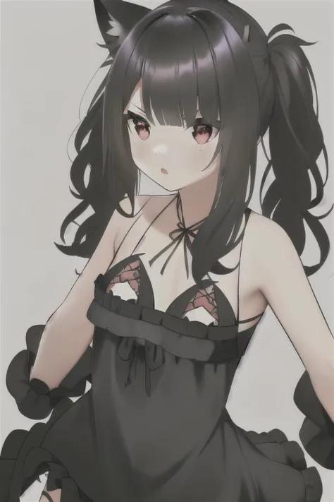 kaine (nier) ,((long hair slightly wavy slightly past the shoulders, black bangs, small black pigtails on the sides, cute cat ears, beautiful thin red eyes,)), es una mujer de   y vestida con un vestido santo., lo cual es muy lindo, vestido azul 