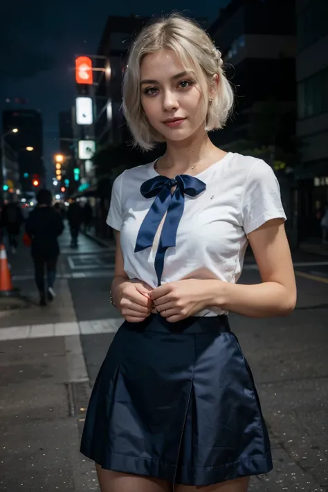 (8k, RAW photo, best quality, mastery:1.3),(realistic,photo-realistic:1.37),(night),(looking viewer:1.331),(white hair),posing,Tokyo street,nightcityscape,cyberpunk city,soft light, 1girl, extremely beautiful face, perfect body proportions, focal length, b...