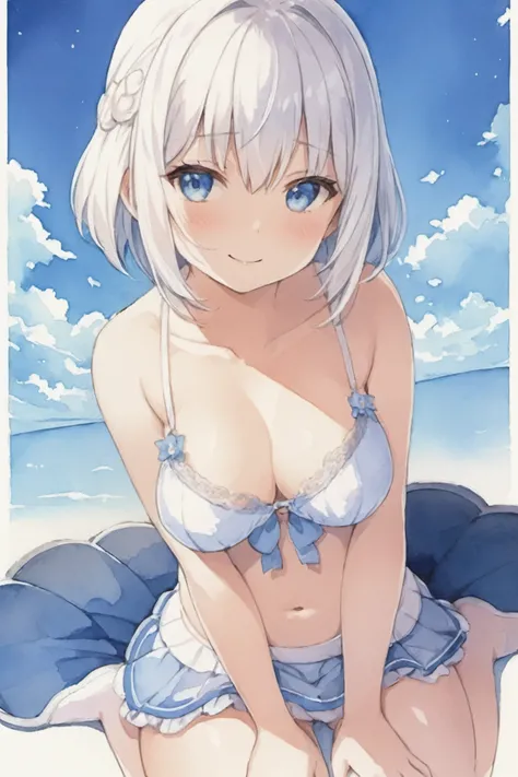 sitting like a girl, ((((( underwear,)))))  blue sky,  smile, mini skirt,  white hair, pale skin,  blue eyes, ((detailed illustration watercolor,)) 1girl, small breasts, 