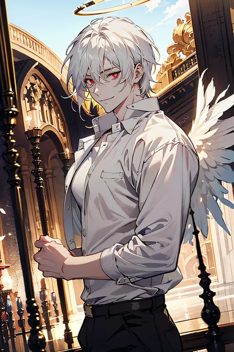(absurdres, highres, ultra detailed), 1man, 30 years old man, adult man, handsome, tall,, finely detailed eyes and detailed face, leather pants, (((white shirt))), smile, dutch angle, ((Short, White hair)), gold details, gothic, vampire, vampire prince, lo...