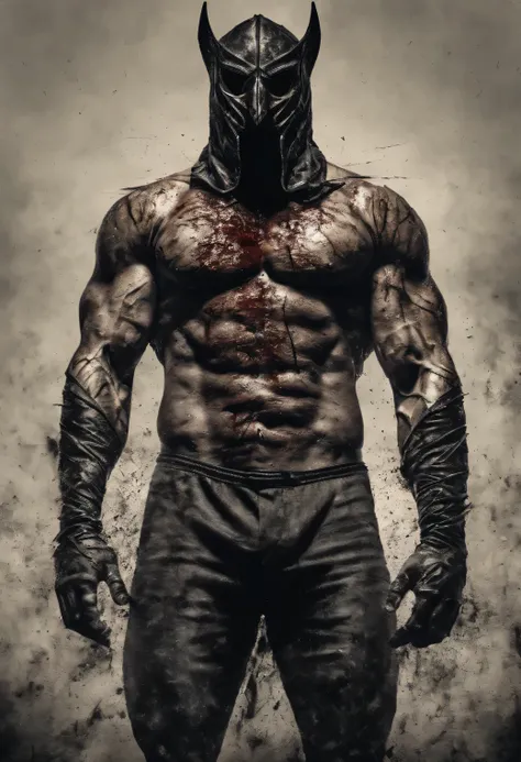 Muscular macho, wrestling mask, bloody devil mask, champion theme. Powerful body, sweating body. Heatwaves 