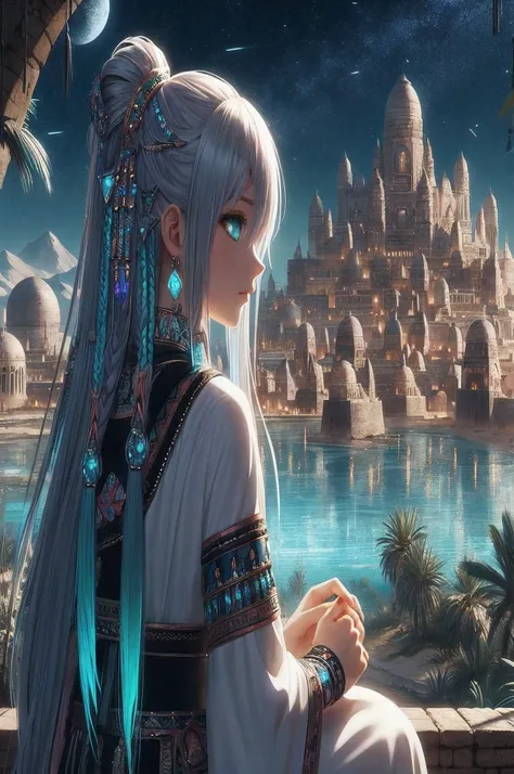 chica anime con pelo largo y blanco sentada en una repisa mirando una ciudad, 2. 5 d cgi anime fantasy illustrations, anime fantasy illustrations, anime fantasy illustration, Chica androide en ruinas egipcias, beautiful fantasy anime, Arte detallado de alt...